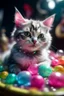 Placeholder: portrait of glitter haired cow kitten playing a hippie space ship made of ice cream, smiling with beautiful shiny, each inside a pile of transparent jelly bubbles of weird colors, disco egg made of small mirror, light rayz, feast table ,shot on Hasselblad h6d-400c, zeiss prime lens, bokeh like f/0.8, tilt-shift lens 8k, high detail, smooth render, down-light, unreal engine, prize winning