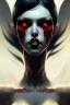 Placeholder: Dracula girl, white eyes, red lips, black hair, vampire tooth with bangs, goth, close up portrait by Greg Rutkowski