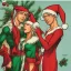 Placeholder: two elves. woman and man. Christmas scene. poster. marvel comic. low-key