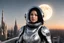 Placeholder: A slim Woman With Black shoulder length hair, Wearing a silver and black space suit, with no helmet, standing sot the right, sideways on a ledge of a building, with a moon Behind Her Head, towering spires and buildings highlighted by the setting sun