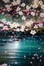 Placeholder: Lush sakura blooms, flowers falling in the water, acrylic painting, fine splatters, fine art, abstract, water ripples, muted colours