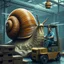 Placeholder: A giant snail in a factory sliming around and are in the way for every worker, a man in forklift screaming and are angry at the snail