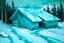 Placeholder: A cyan snowfield with a frozen cabin painted by Frank Lloyd Wright