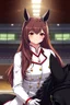 Placeholder: A portrait of a human woman with long brown hair and red eyes wearing competitive horse riding clothes, riding a black horse, modern dressage arena setting, anime style, intricately detailed, masterpiece, HD, 4k
