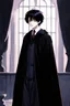 Placeholder: black hair, 19year old, male, wearing black robes, alchemist, in the style of Harry Clarke