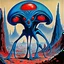 Placeholder: French surrealism animation art from 1970s, illustration of large blue alienoid creatures, mesmerizing, hallucinogenic tones, strange, creepy cutout style of animation of phantamosgoric giant blue alien with red eyes, Czech animation tradition, art by Roland Toper, Dali-esc environment, trance-like, Fantastic Planet aliens