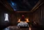 Placeholder: strange evening in vintage bedroom, deep dark colors, old wood floor, old antique bed, translucent walls, sharp contours, old balkony, ceiling the galaxy with stars, nightly lights, etheral, mystic, stunning, cinematic