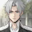 Placeholder: A stunningly detailed (((headshot portrait))), capturing the essence of a young man in his 20s with silver hair and piercing gray eyes, exuding a sense of confidence and protection, anime realism style