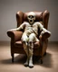 Placeholder: a decrepit mummy leaned over in a brown chair, mouth open