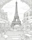 Placeholder: a coloring page, depicting the Eiffel tower in France, full page, black and white, line art, outline, highly defined,