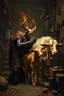 Placeholder: Glowing inbred Satan kidnapping young holy calf while medicating holy old cow, inside science factory, painted by Rembrandt