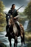 Placeholder: A 40 year old mercenary in a battle jacket and travelers cloth. He is riding a dark gray horse. He is tall, slim, has a sharply cut face. black hair, short ponytail on the top of his head. Perfect face. Perfect eyes. Perfect hands. Perfect feets. fantasy setting. A river ford in a wood. Hyperrealistic, splash art, concept art, mid shot, intricately detailed, color depth, dramatic, 2/3 face angle, side light, colorful background.