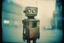 Placeholder: steampunk, vintage analog polaroid of a woman robot, female body, fog, lomography, heavy film grain, night, color bleed, depth of field, bokeh, retro, saggy granny woman, abandoned sci-fi town, future, sci-fi