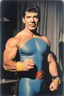 Placeholder: [superboy logo elegant] color photography of Charles Bronson as powerful superbly, standing up at CES 1952 [Consumer Electronics Show, Norma Jeane] ready for a arm wrestling, a lot of electronic devices