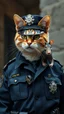 Placeholder: a cat wearing a whole police officer uniform and a masked rat thief , realistic , pro photography , high quality, and cinematic scene