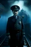 Placeholder: A portrait of a train conductor surrounded by a ghostly blue mist standing at the bow of a submarine