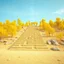 Placeholder: Photograph, wasteland, taiga trees, bright, brutalist steps, daylight, rocce, infinite cage up to the sky, brutalist, liquid, polvere, open air museum style, blue, apparecchi elettronici, powder, yellow, minimalist, details of the dust very accentuated, deep 3d field