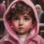 Placeholder: Painting of a little girl with big hazel eyes and short brown hair with a pink jacket and heart earrings, Iranian little girl, 2 years old, adorable eyes, cute face, light colors, adorable little girl, oil painting, beautiful oil painting, painting style, romanticism painting