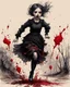 Placeholder: Petit girl goth, run pose, fullbody, splashes blood, behind guts rising from the ground, watercolor illustration by <John Kenn Mortensen>, darkred tones,