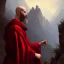 Placeholder: Portrait of a monk, red robe, mountain background, fog, distant temple, face front, grim, Frank Frazetta, Greg Rutkowski, hyperdetailed, dnd, trending on Artstation, Splash screen art, dynamic lighting, hyperdetailed, intricately detailed, a masterpiece, 8k resolution, high contrast, bearded,