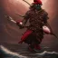 Placeholder: a pirate warrior in dark red full armor and mask, on his ship, holding a football, a highly detailed illustration, background of giant crashing ocean waves, realistic render, 8 k, micro detail, intricate, elegant, centered, digital painting, Artstation, smooth, sharp focus, illustration, artgerm, tomasz alen kopera, peter mohrbacher, donato giancola, joseph christian leyendecker, wlop, boris vallejo