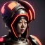 Placeholder: Japanese cyber woman, sci-fi, rounded face, blood, black, gold, brown, samurai helmet, decorative color feathers, retro, simetric, circuits, neon style, a lot of led lights, fog, rain, leather, vibrant color, highly detailed, art stations, concept art, smooth, unreal engine 5, god rays, ray tracing, RTX, lumen lighting, ultra detail, volumetric lighting, 3d, finely drawn, high definition, high resolution.