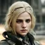 Placeholder: Prhotorealistic close-up of a beautiful blonde warrior with dystopian clothes and background