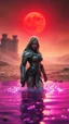 Placeholder: A hyper realistic photo of: Some forgotten realms gorgeous blonde armored fighter woman wades into a strongly amethyst emitting magically radiating and bubbling color pool in barren and dusty landscape under a red sun with an iron fortress in the bacground. photorealistic, bokeh, masterpiece, smooth shading, ultra detailed, high resolution, cinematic, unreal 6, subtle shadows, octane render, 8k, cinema 4d, HDR, dust effect, vivid colors