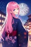 Placeholder: girl, masterpiece, best quality, cinematic lighting, detailed outfit, vibrant colors, perfect eyes, long hair, pink hair, blue eyes, kimono, fireworks, laughing, town, looking back,