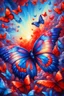 Placeholder: vibrant psychedelic oil painting image, airbrush, 64k, cartoon art image of background SAPPHIRE and RED BUTTERFLIES , futurism style