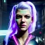 Placeholder: Actress, young Katheryn Winnick, android woman, glow eyes, glow circuits in face, glow painted face, shaved hair, ghost in the shell, samurai coat, katana, elastic bodysuit, cyber punk, neon ambient, army, bamboo, blood, portrait, gradient background, unreal engine 5, soft color, 16 bit, god lights, ray tracing, RTX, lumen lighting, ultra deatail, volumetric lighting, 3d, finely drawn, hd.