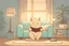 Placeholder: cute chibi fluffy beige bioluminescent cat reading a book sitting on a sofa next to a glowing tiffany lamp in a modern room