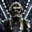 Placeholder: star wars bald male corellian pilot wearing pearlescent black and gunmetal grey First Order special forces heavy assault armor and helmet with gold trim inside the jedi temple, centered portrait, hyperdetailed, dynamic lighting, hyperdetailed background, 8k resolution, volumetric lighting, light skin, fully symmetric details