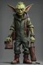 Placeholder: 4K image, neutral grey background, photorealistic digital art style, image of a green goblin in overalls made of greasy dirty rags, oversized leather work boots, carrying a dirty wooden tool case filled with random hand tools, goblin has a long pointy nose, very large pointy ears, small beady red eyes, head is wider than it is tall, has a devious grin, wearing a beat up cap on his head