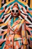 Placeholder: Fashion model full view in a colorful costume at milan fashion week show, in the style of retro grotesque, kawaii aesthetic, pop inspo, inspired by 50s ::9 Fashion photography, fabric print Gareth Pugh Style, oversized portraits, multi – layered, terracotta