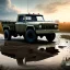 Placeholder: photorealistic shot, muddy military toy truck, monotone color palette, sharp focus, puddle reflection, tire water splash, refraction, mist on the horizon, shadowcast, detailed and intricate, cinematic composition, micro, tilt shift photography