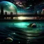 Placeholder: scene of galaxy and waves, bottom half underwater, top half out of water, showing the sky and city skyline with a large bridge, planets, the great unknown, bridge