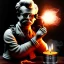 Placeholder: smoke bust of ghostbuster, ancient, magic,on dark wooden table with drinking glass,compass,brilliance, candle, dark figure in background, movie poster