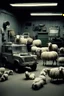 Placeholder: realistic dark low res "cctv footage" old 80s sony camera, of forbidden medical procedures preformed in a "motor garage", with landrovers, surounded by sheep with "Rabies"