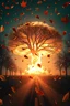 Placeholder: foreground with many falling leaves, behind is a nuclear explosion's mushroom cloud that looks more like a tree in fall, with explosion radiating outward, many leaves falling in foreground, ground is dirt and scorched with a road coming down the middle towards viewer, angelic fantastic lighting