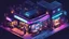 Placeholder: Isometric, cyberpunk, cafe, comic book art style, night time