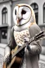 Placeholder: One single mature barn owl, playing guitar in the street , Vienna, friendly, model style, hyper realistic, extremely accurate, delicate, extremely detailed, Graphic novel style, wide-angle, open aperture, superfine pencil