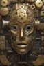 Placeholder: A mechanical click gears in the shape of humane Al Face with golden texture reflecting a dim light reflecting the metal Busch painting style with computer motherboard filled with chips and electronic components in the background .with to cameras lenses as Eyes