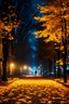 Placeholder: night yellow lights over the street trees autumn leaves under feet lady walking in street back to camera