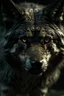 Placeholder: Retrato primer plano de un lobo villano, con ropa sospechosa y atmósfera destruida