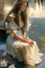 Placeholder: a beautiful woman with long brown hair in a romantic floral dress sits contemplatively on a pier, her feet in the water, white water lilies floating on the water extremely detailed intricate very attractive beautiful crisp quality Michelangelo Daniel Gerhartz in sunshine