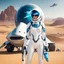 Placeholder: Beautiful blue alien woman, with skimpy white space suit, with a shark helmet, next to a large space vehicle with shark emblems on it, on desert planet.