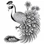 Placeholder: white, A peacock have a two foot white flower decoration, line art, white background, outline, with images neatly contained within the background, just black and white color, full body, no color. Looking front , front view, 8k