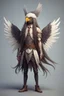 Placeholder: human with a bird head character with long hair, strong wings and bow