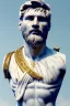 Placeholder: Realistic image, Roman sculpture made in white marble with gold veins, Lionel messi with gold laurel leaves crown, two blue brushes, decorative star on the chest, waist up portrait, marble material, gold ornaments, Baroque style, sun rays background, epic, celestial, cinematic lighting, God lights, 4k resolution, smooth details, soft lighting, unreal engine 5, art station, substance 3d.